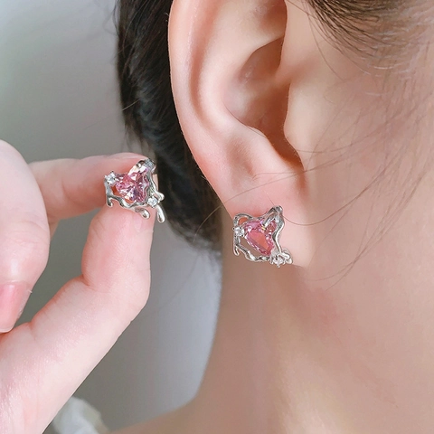 Pendientes De Boton Corazon Zircon Rosa Con Cobre Textura Metal Liquido Lava Diseno Irregular Estilo Minimalista Para Mujer