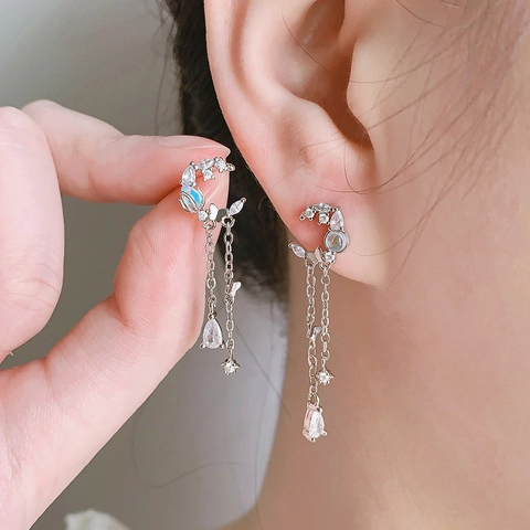 Orecchini A Nappa Luna Rame Zircone Farfalla Stella Goccia D'acqua Pendente Con Perno In Argento Catena Lunga Per Donne