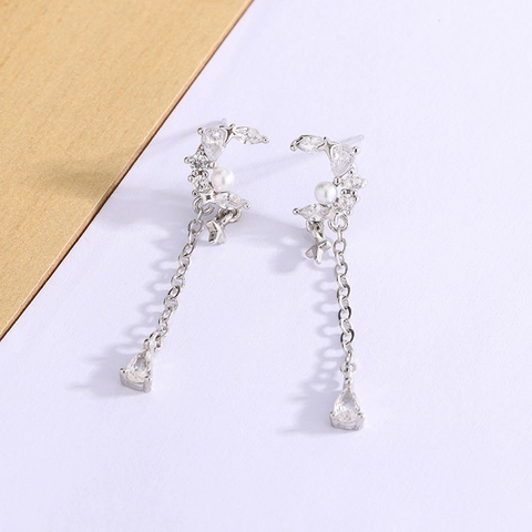 Pendientes Colgantes Luna Estrella Cobre Perla Artificial Circón Cadena Larga Joyería Elegante Mujeres Con Poste De Plata