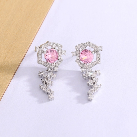 Pink Zircon Drop Earrings Copper Geometric Hollow Frame Dangle Tassel Elegant Fashion Jewelry For Women