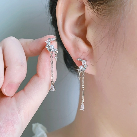 Pendientes Colgantes Luna Estrella Cobre Perla Artificial Circón Cadena Larga Joyería Elegante Mujeres Con Poste De Plata