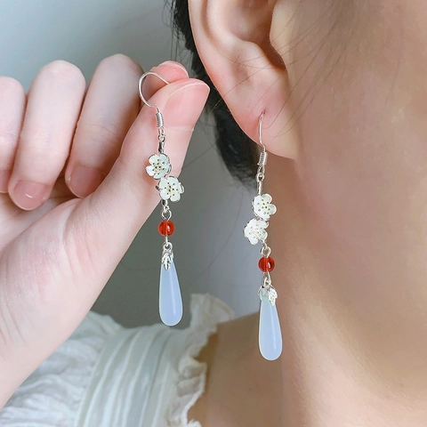 Retro Chinese Style Long Dangle Earrings Copper Plum Blossom Red Bead Water Drop Pendant Elegant Women Jewelry