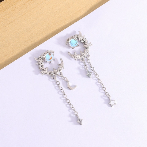 Mond Vogel Quaste Ohrringe Kupfer Synthetischer Mondstein Stern Anhänger Lange Kette Romantischer Ästhetischer Schmuck