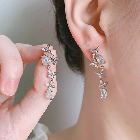 Orecchini Pendenti A Farfalla In Rame Con Zircone Ovale Blu Chiaro E Strass Lucenti Gioielli Eleganti Da Donna