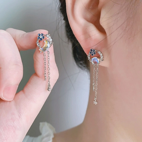 Orecchini Pendenti Asimmetrici Con Frangia Fiore Blu Stella Luna Pianeta Rame Con Zircone E Perno In Argento Per Donna