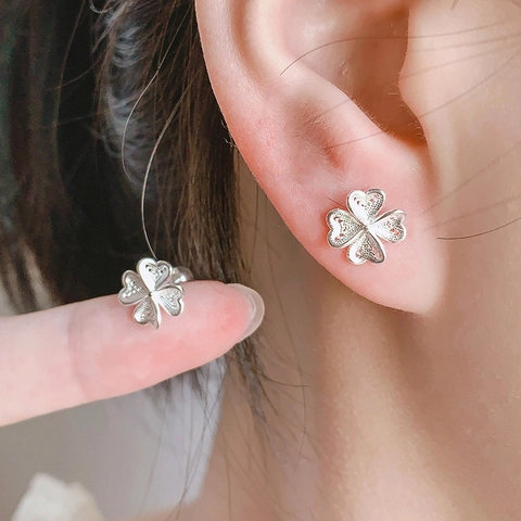 Filigree Clover Flower Earring Studs Copper With 925 Sterling Silver Earring Post Korean Style Hollow Heart Sweet Jewelry