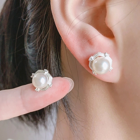 Boucles D'Oreilles Puces Künstliche Perle Blanche Élégantes Pour Femmes Cuivre Géométrique Micro Inlay Zircon Dos À Vis À Bille
