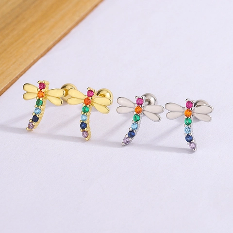 Dragonfly Stud Earrings Copper With Rainbow Cubic Zirconia Enamel Screw Back Dainty Animal Jewelry For Women