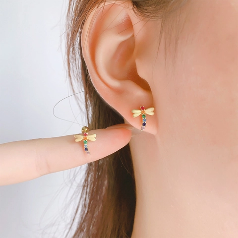 Dragonfly Stud Earrings Copper With Rainbow Cubic Zirconia Enamel Screw Back Dainty Animal Jewelry For Women