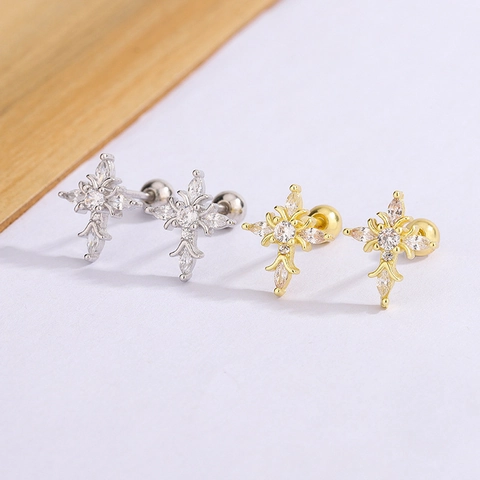 Elegant Cross Stud Earrings Brass Cubic Zirconia Marquise Cut Rhinestone Screw Back Ball End For Women