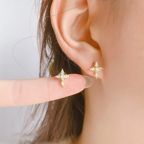Elegant Cross Stud Earrings Brass Cubic Zirconia Marquise Cut Rhinestone Screw Back Ball End For Women