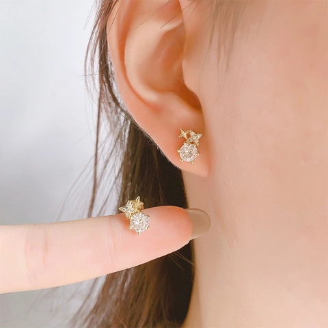 Star Zircon Stud Earrings With 925 Sterling Silver Earring Post Copper Screw Back Simple Daily Jewelry For Women Sparkling