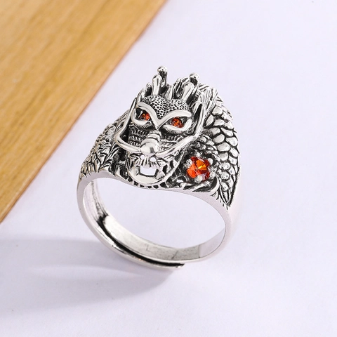 Drachenkopf Ring Kupfer Retro Oxidiertes Silber Stil Rote Zirkonia Augen Verstellbares Offenes Band Schmuck Herren Damen