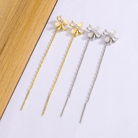 Flower Tassel Ear Threader Earrings Copper With Cat Eye Stone And 925 Sterling Silver Earring Post For Women Elegant