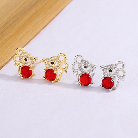Süße Maus Stecker Ohrringe Kupfer Tier Sternzeichen Schmuck Mit Rotem Zirkonia Weißen Steinen Für Damen Koreanisch