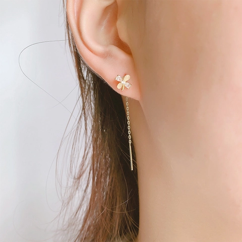 Flower Tassel Ear Threader Earrings Copper With Cat Eye Stone And 925 Sterling Silver Earring Post For Women Elegant
