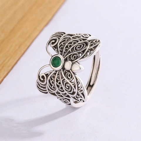 Vintage Schmetterling Offener Verstellbarer Ring Kupfer Mit Grünem Edelstein Filigran Ausgehöhlt Schmuck Für Damen