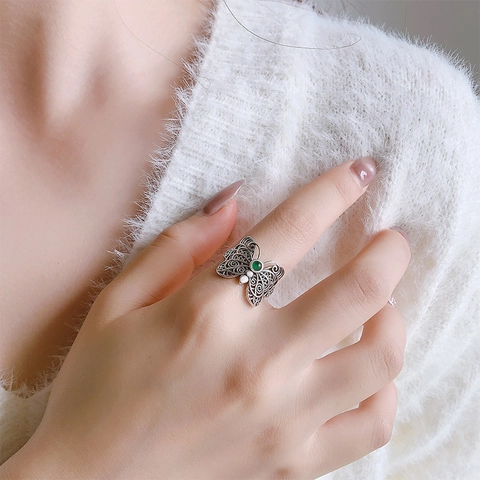 Vintage Schmetterling Offener Verstellbarer Ring Kupfer Mit Grünem Edelstein Filigran Ausgehöhlt Schmuck Für Damen