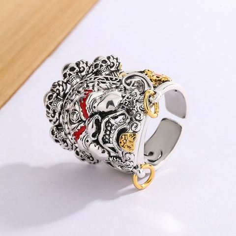 Mahakala Wealth God Adjustable Ring Vintage Copper Skull Crown Gothic Punk Jewelry For Men Women