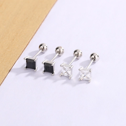 Square Zirconia Stud Earrings With 925 Sterling Silver Earring Post Screw Back Hip Hop Style For Men And Women