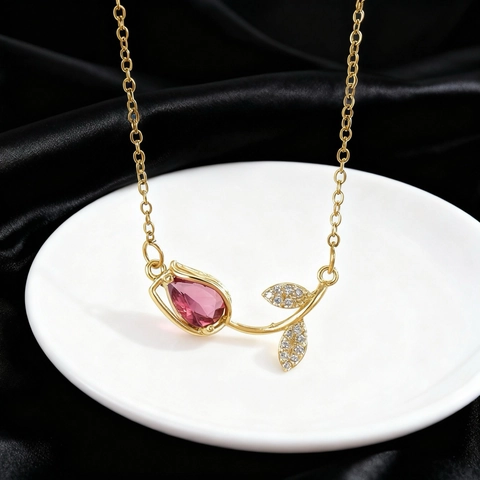 Collana Pendente Fiore Di Tulipano Accessori Donna Dolce Design Elegante Gioielli In Rame Zircone