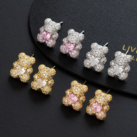 Teddy Bear Heart Stud Earrings For Women Copper Micro Pave Cubic Zirconia With Copper Earring Post Animal Jewelry