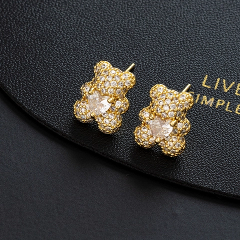 Teddy Bear Heart Stud Earrings For Women Copper Micro Pave Cubic Zirconia With Copper Earring Post Animal Jewelry