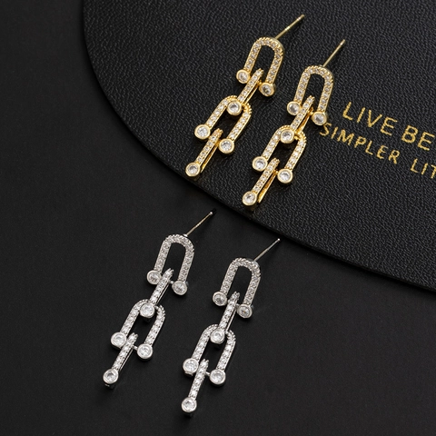 Orecchini Pendenti Geometrici A Forma Di U Rame Con Zircone Catena A Ferro Di Cavallo Gioielli Minimalisti Da Donna