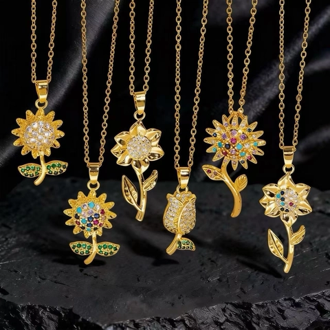 Elegante Collar de Colgante de Flor de Cobre Zirconia Para Mujeres Rosa Girasol Margarita Nácar Perla Joyería de Lujo de Moda Regalo