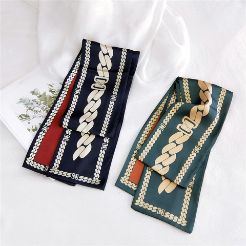 Sciarpa Lunga Stretta in Raso Vintage Francese per Donna Stampa a Catena Retrò Twilly Fascia per Capelli Cravatta Borsa Decor Elegante Sciarpa a Nastro
