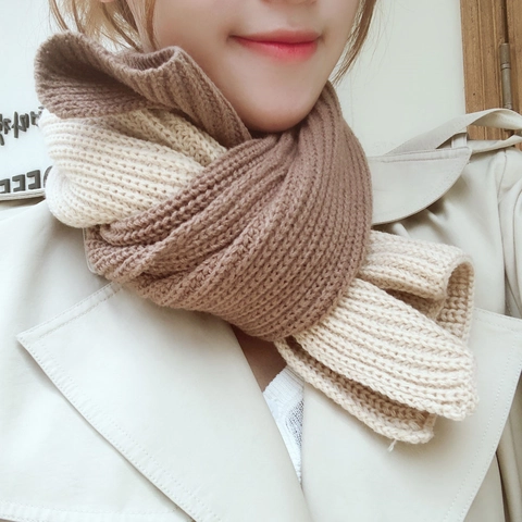 Bufanda De Punto Grueso Bicolor De Invierno Cálida Gruesa Bloque De Color Calentador De Cuello Estilo Coreano Para Mujeres