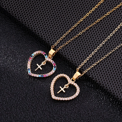 Collar Con Colgante De Corazón Y Cruz Cobre Micro Pavé Circón De Color Joyería Chapada En Oro Para Mujer