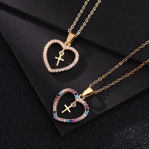 Collar Con Colgante De Corazón Y Cruz Cobre Micro Pavé Circón De Color Joyería Chapada En Oro Para Mujer