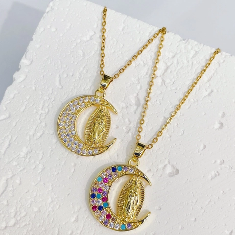 Collana Pendente Vergine Maria Luna Crescente Rame Placcato Oro Micro Pavé Zircone Gioielli Religiosi Per Donne Catena Clavicola