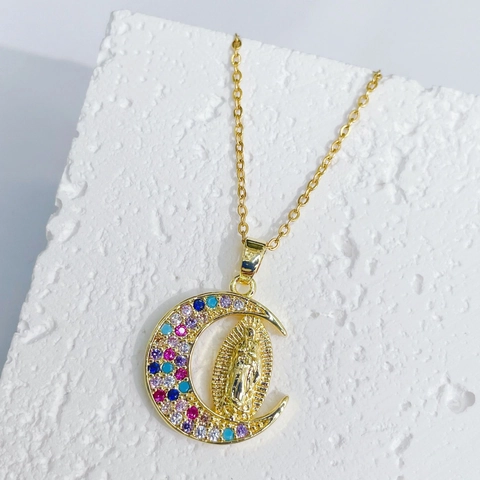 Collana Pendente Vergine Maria Luna Crescente Rame Placcato Oro Micro Pavé Zircone Gioielli Religiosi Per Donne Catena Clavicola