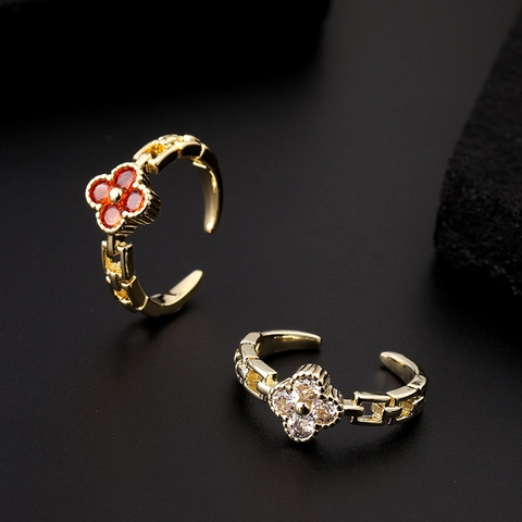 Clover Open Ring Copper Gold Plated Red White Cubic Zirconia Adjustable Chain Band Lucky Flower Jewelry For Women