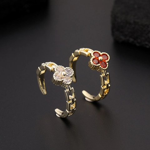 Clover Open Ring Copper Gold Plated Red White Cubic Zirconia Adjustable Chain Band Lucky Flower Jewelry For Women