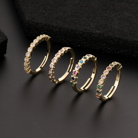 Star Geometric Open Ring Gold Plated Copper Colorful Zircon Rainbow Adjustable Fashion Jewelry For Women Elegant