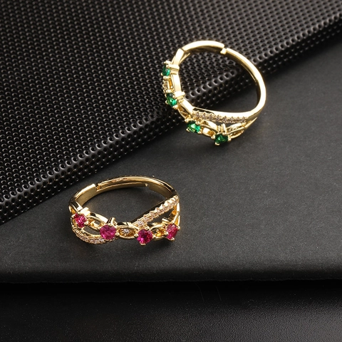 Anello Regolabile Aperto Stile Palazzo Rame Placcato Oro 18K Micro Intarsio Zircone Gemma Rotonda Gioielli Per Donna