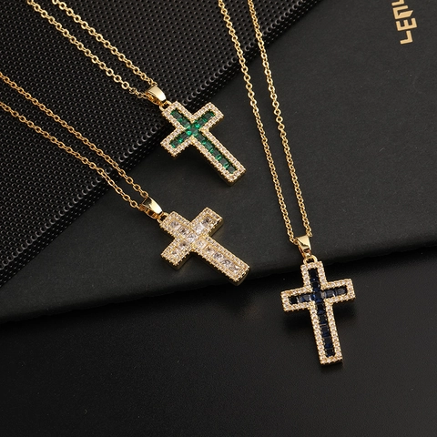 Collana Con Pendente A Croce Retro Rame Placcato Oro 14K Zircone Colorato Hip Hop Gioielli Di Lusso Per Donna