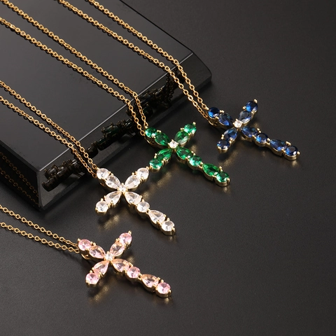 Vintage Gold Plated Copper Colorful Zirconia Teardrop Cross Pendant Necklace For Women Religious Fashion Jewelry Gift