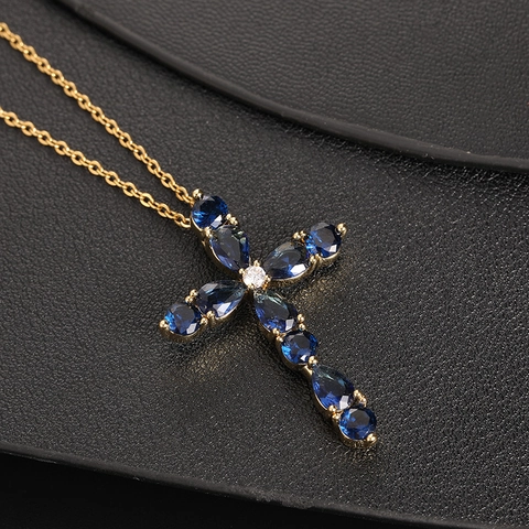 Vintage Gold Plated Copper Colorful Zirconia Teardrop Cross Pendant Necklace For Women Religious Fashion Jewelry Gift