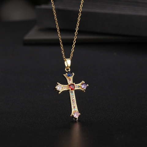 Collana Pendente Croce Rame Placcato Oro Zirconia Cubica Colorata Hip Hop Nicchia Retro Moda Per Donne Uomini
