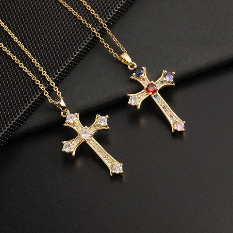 Collana Pendente Croce Rame Placcato Oro Zirconia Cubica Colorata Hip Hop Nicchia Retro Moda Per Donne Uomini