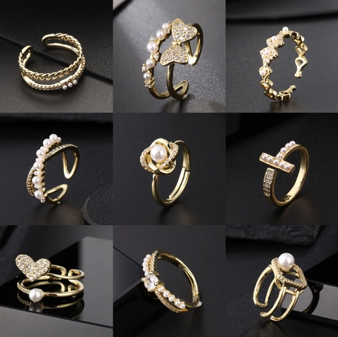 Vintage Gold Plated Copper Pearl Open Ring For Women Minimalist Adjustable Zirconia Heart Bow Geometric Finger Ring Jewelry
