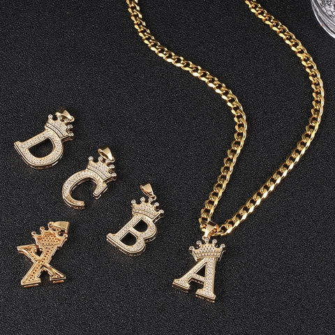 Collana Pendente Lettera Iniziale Corona Rame Zirconia Placcato Oro Hiphop Iced Out Catena Cubana Gioielli Per Uomo Donna