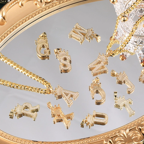 Collana Pendente Lettera Iniziale Corona Rame Zirconia Placcato Oro Hiphop Iced Out Catena Cubana Gioielli Per Uomo Donna