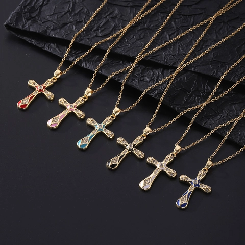 Vintage Gold Plated Copper Zirconia Cross Necklace With Enamel Drip Oil For Women Elegant Religious Fashion Jewelry