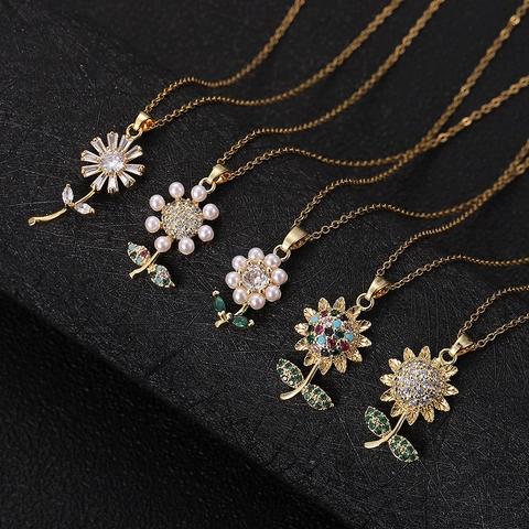 Luxury Copper Zirconia Flower Pendant Necklace Gold Plated Rose Daisy Sunflower Artificial Pearl Choker For Women Fashion Jewelry