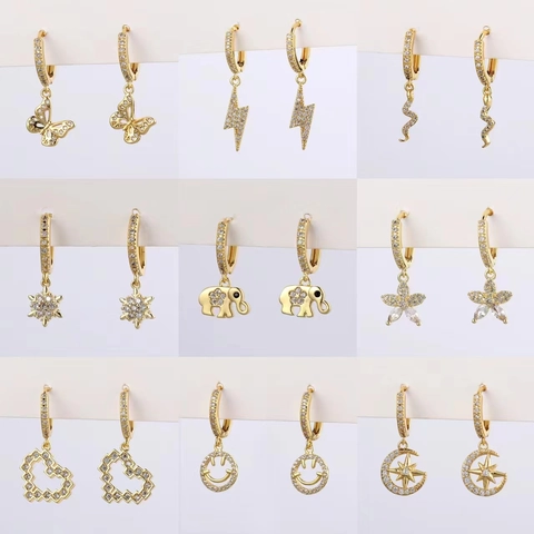 Orecchini A Cerchio Pendenti In Rame Placcato Oro Micro Pave Zirconia Cubica Ciondolo Chiave Fiore Serpente Cuore Gioielli Eleganti Per Donna